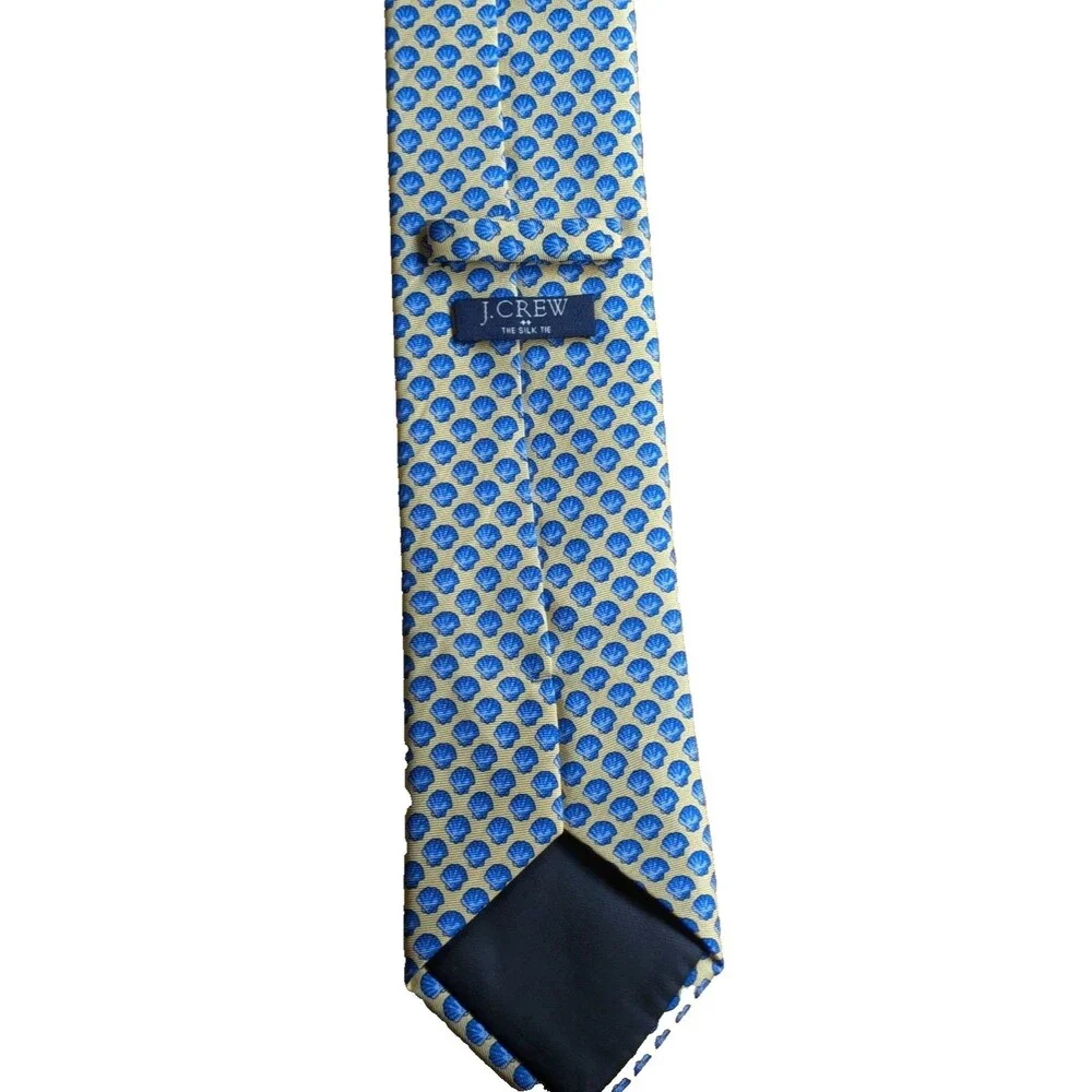 Vintage J.CREW Men's Woven Silk Tie Yellow Blue Geometric Shell Pattern Classic